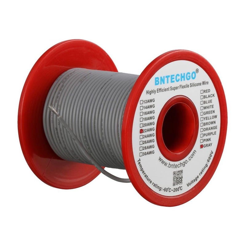 BNTECHGO 22 Gauge Silicone Wire Spool 100 ft Gray Flexible 22 AWG Stranded Tinned Copper Wire - Image 1
